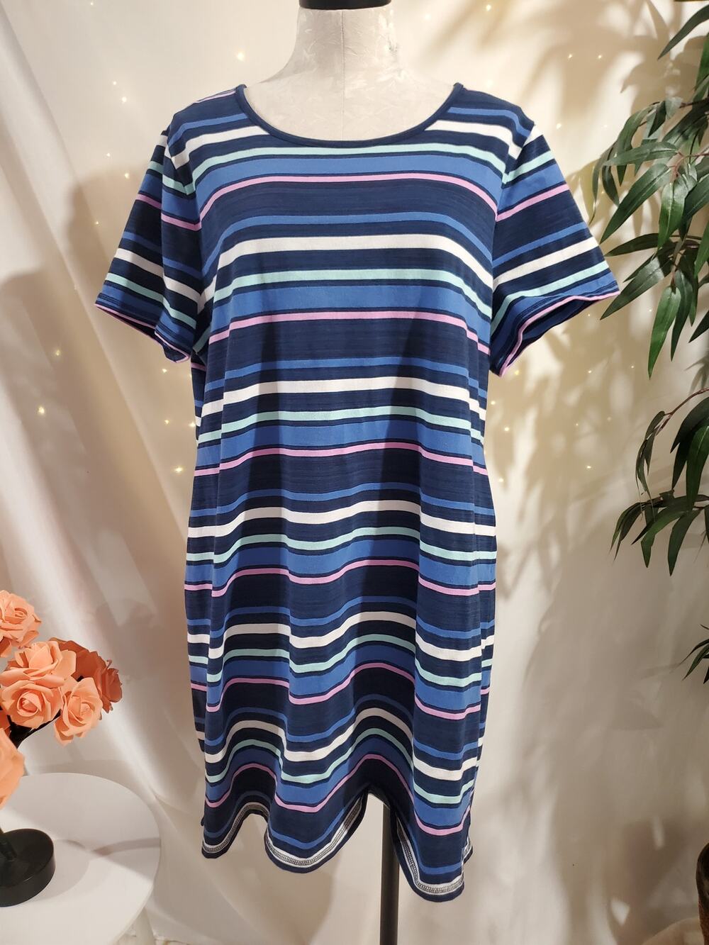 T by Talbots Ruched Drawstring Back T-Shirt Dress Womens Plus Size 2X Striped